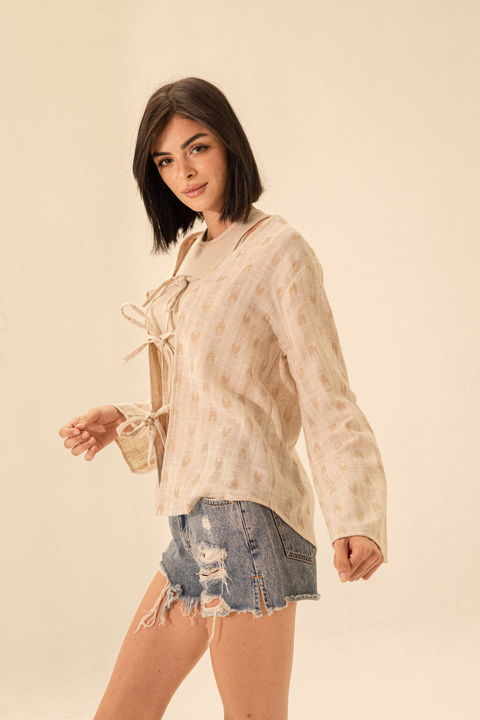 Beige Casual Bohemian Front Tie Blouse