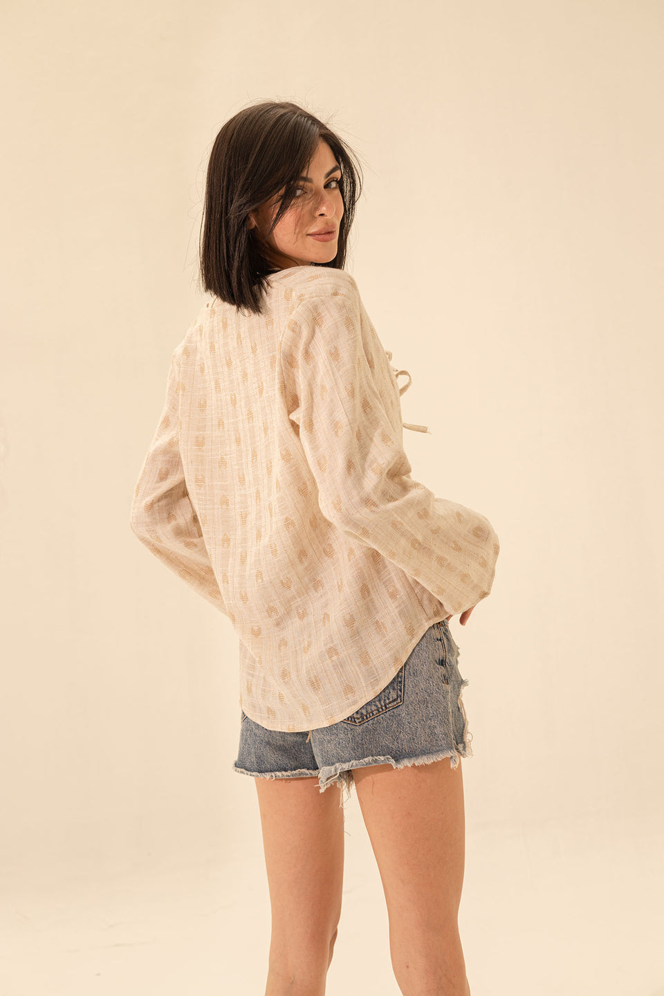 Beige Casual Bohemian Front Tie Blouse