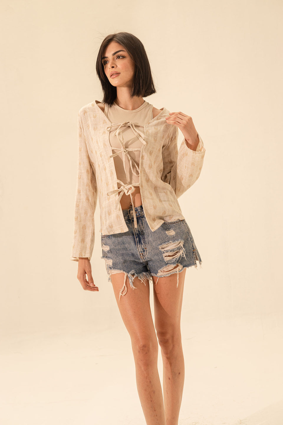 Beige Casual Bohemian Front Tie Blouse