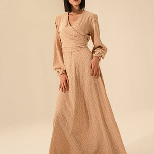 Beige Elegant Long Sleeves Maxi Wrap Dress