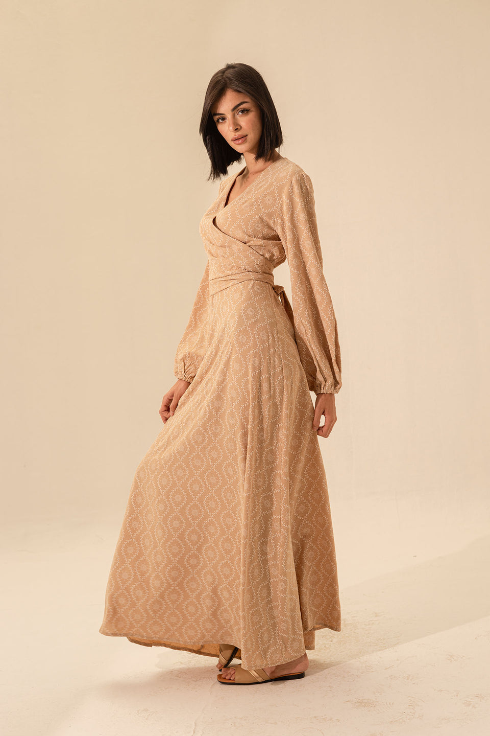 Beige Elegant Long Sleeves Maxi Wrap Dress