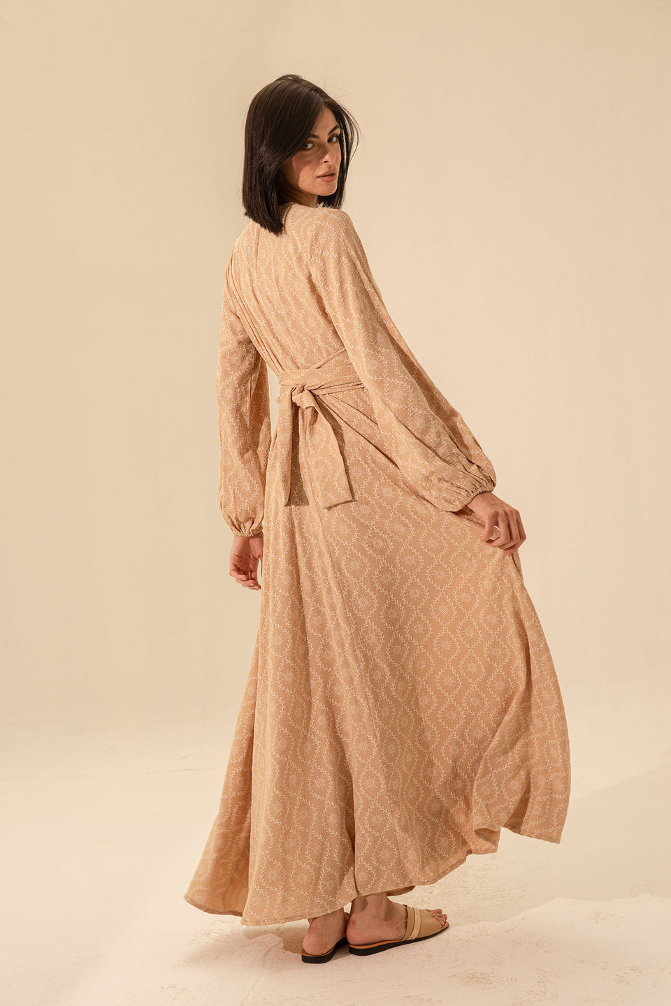 Beige Elegant Long Sleeves Maxi Wrap Dress