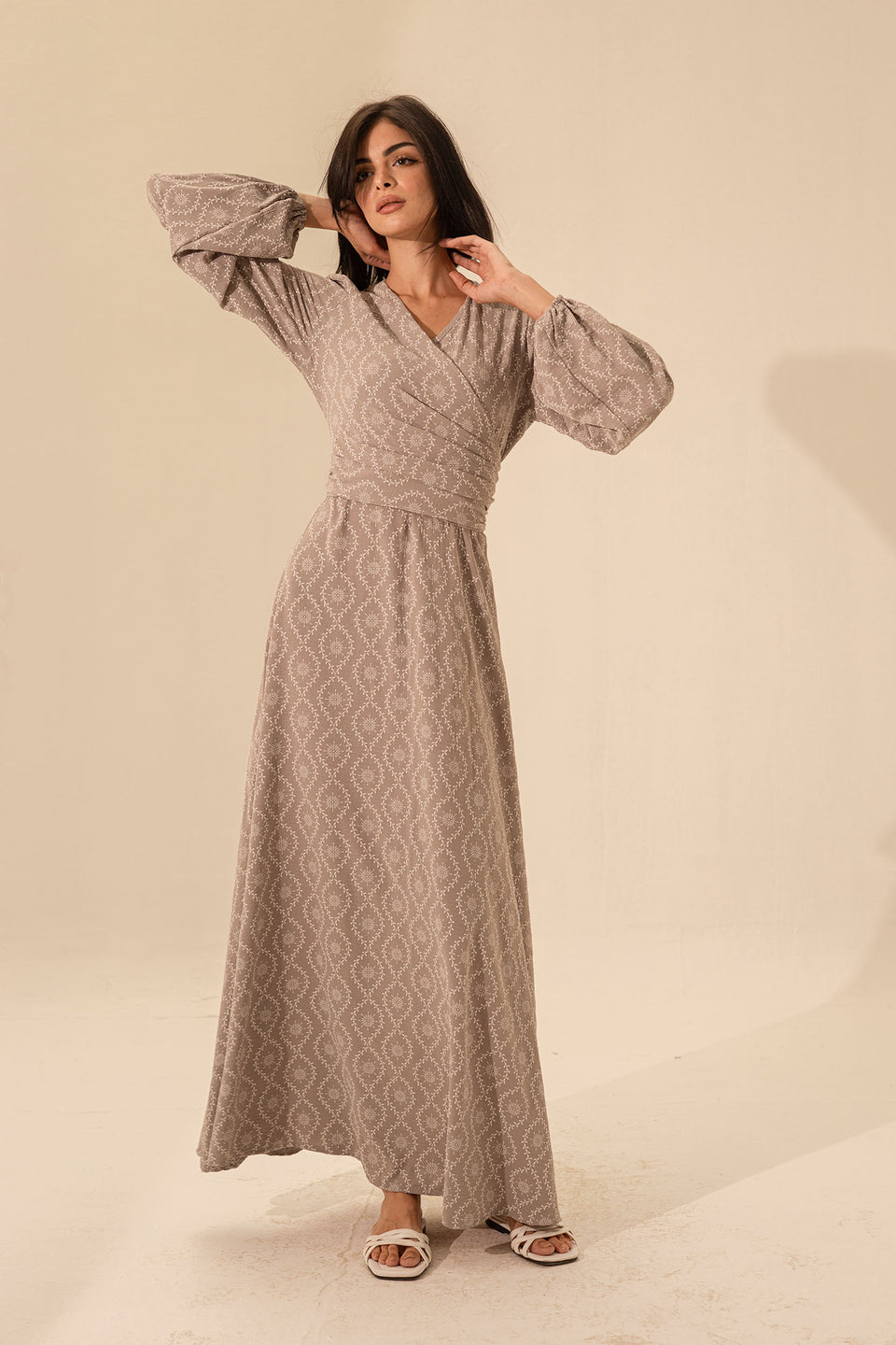 Grey Elegant Long Sleeves Maxi Wrap Dress