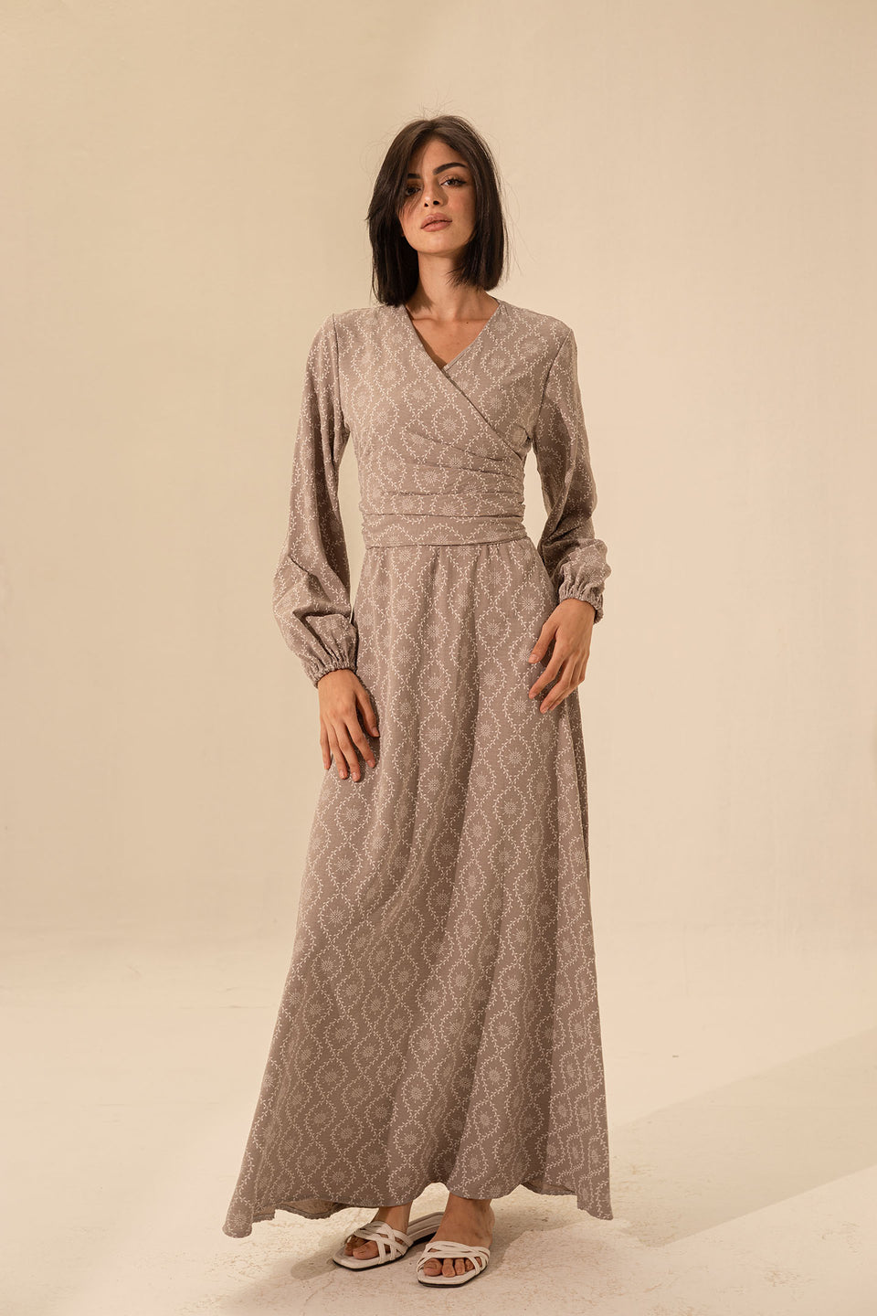 Grey Elegant Long Sleeves Maxi Wrap Dress