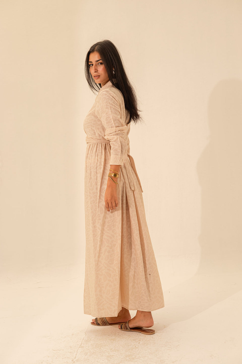 Beige Patterned Wrap Dress
