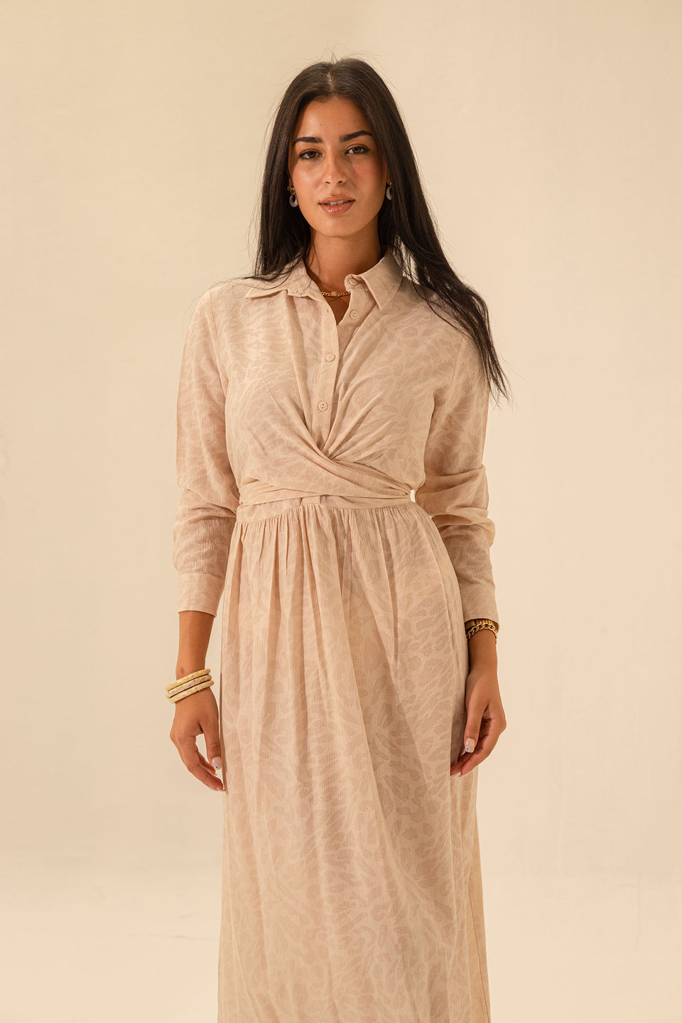 Beige Patterned Wrap Dress