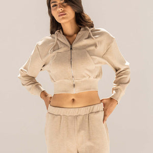 Beige Cozy Ribbed Zip Hoodie