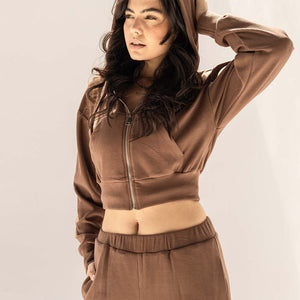 Brown Cozy Ribbed Zip Hoodie