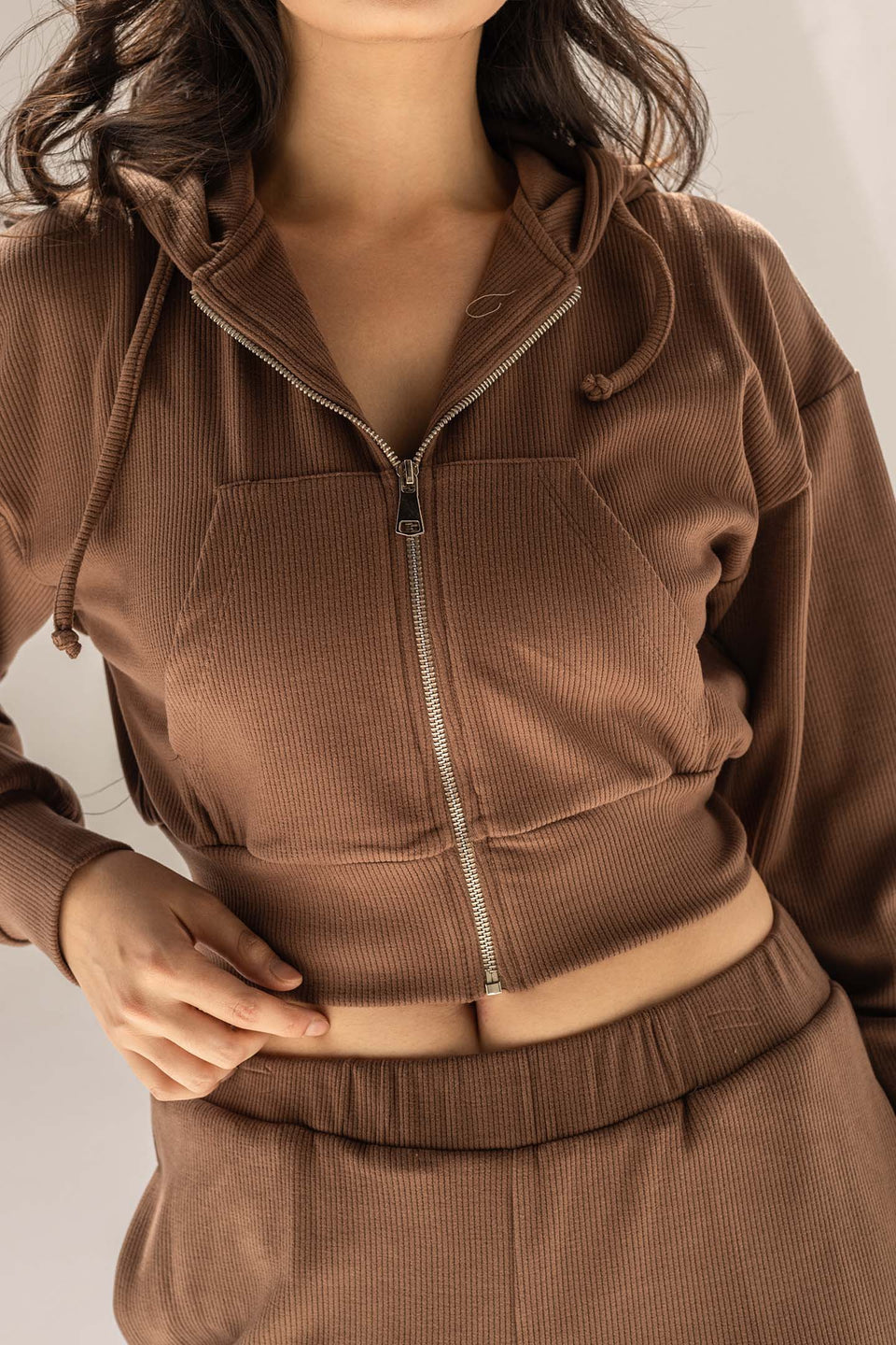 Brown Cozy Ribbed Zip Hoodie