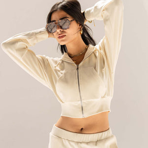 Off White Cozy Ribbed Zip Hoodie