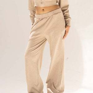 Beige Ribbed High-Waist Lounge Pants