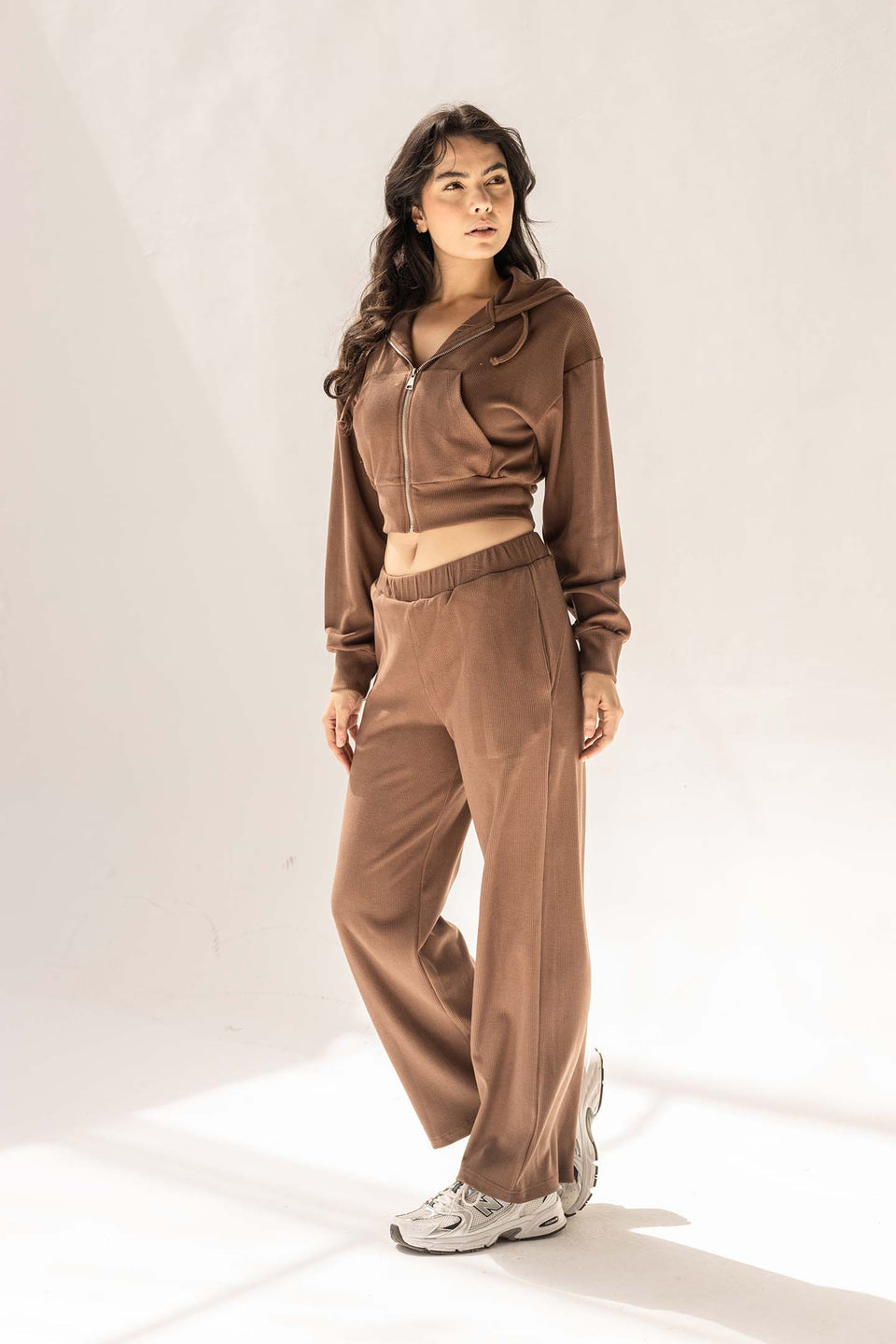 Brown Ribbed High-Waist Lounge Pants