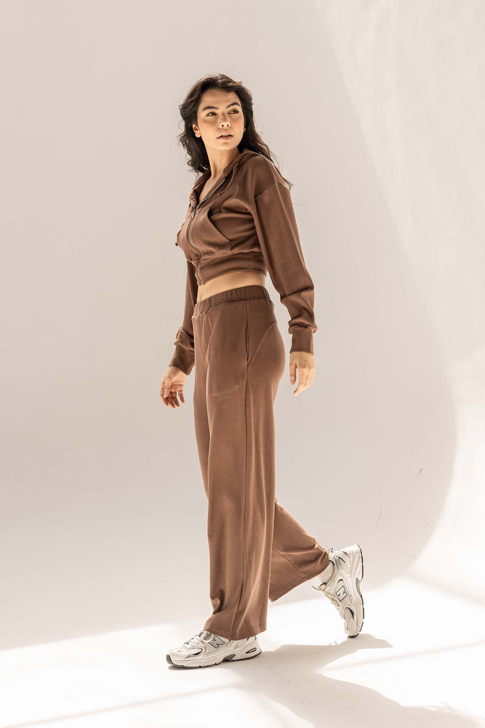 Brown Ribbed High-Waist Lounge Pants