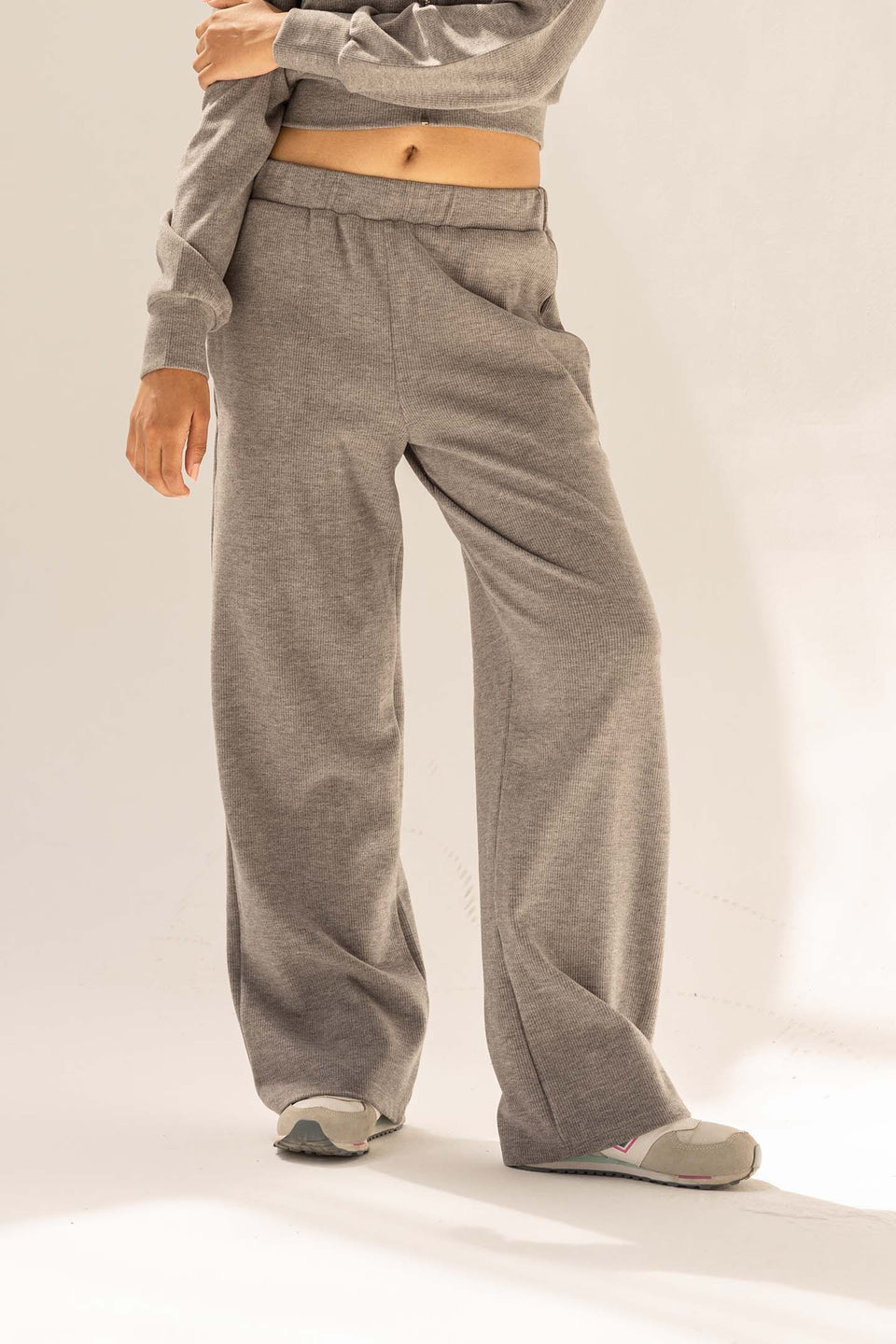 Dark Grey Ribbed High-Waist Lounge Pants
