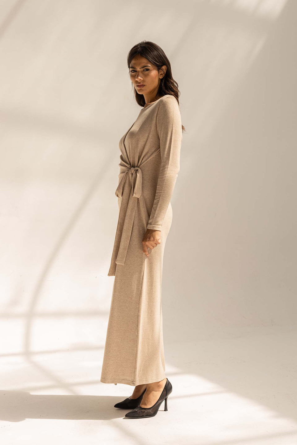 Beige Elegant Wool Wrap Dress