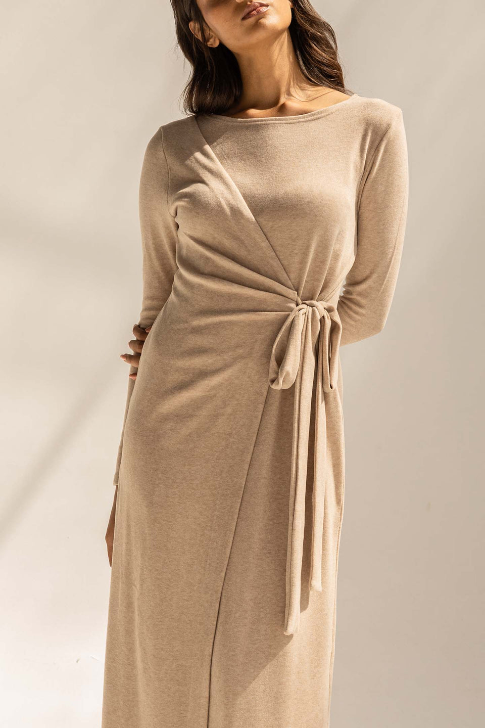 Beige Elegant Wool Wrap Dress