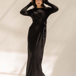 Black Elegant Wool Wrap Dress