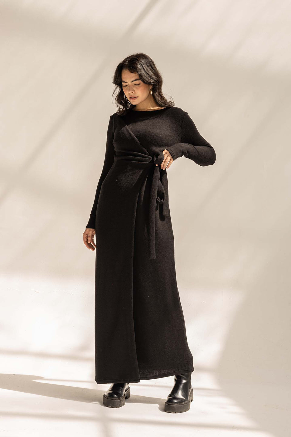Black Elegant Wool Wrap Dress