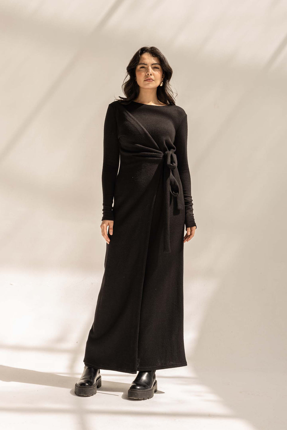 Black Elegant Wool Wrap Dress