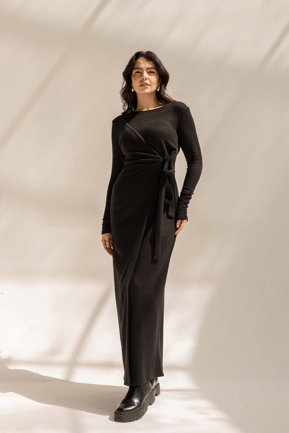 Black Elegant Wool Wrap Dress