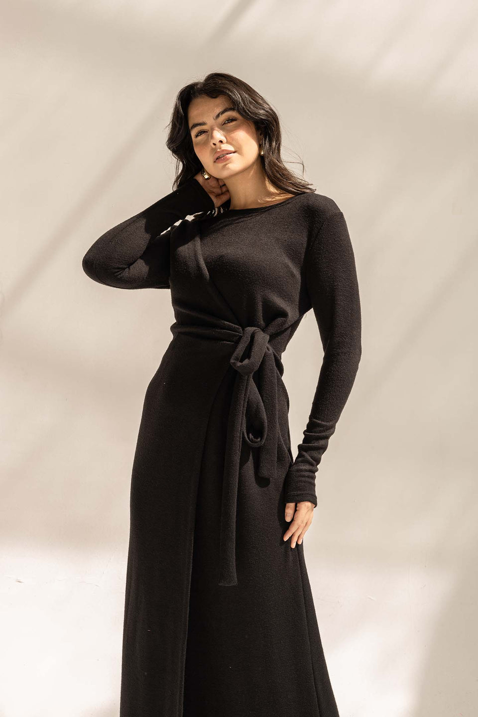 Black Elegant Wool Wrap Dress