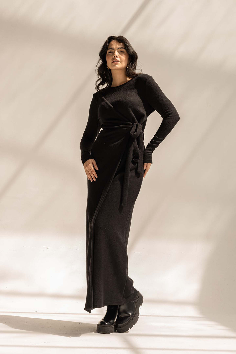 Black Elegant Wool Wrap Dress