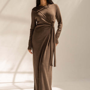 Brown Elegant Wool Wrap Dress