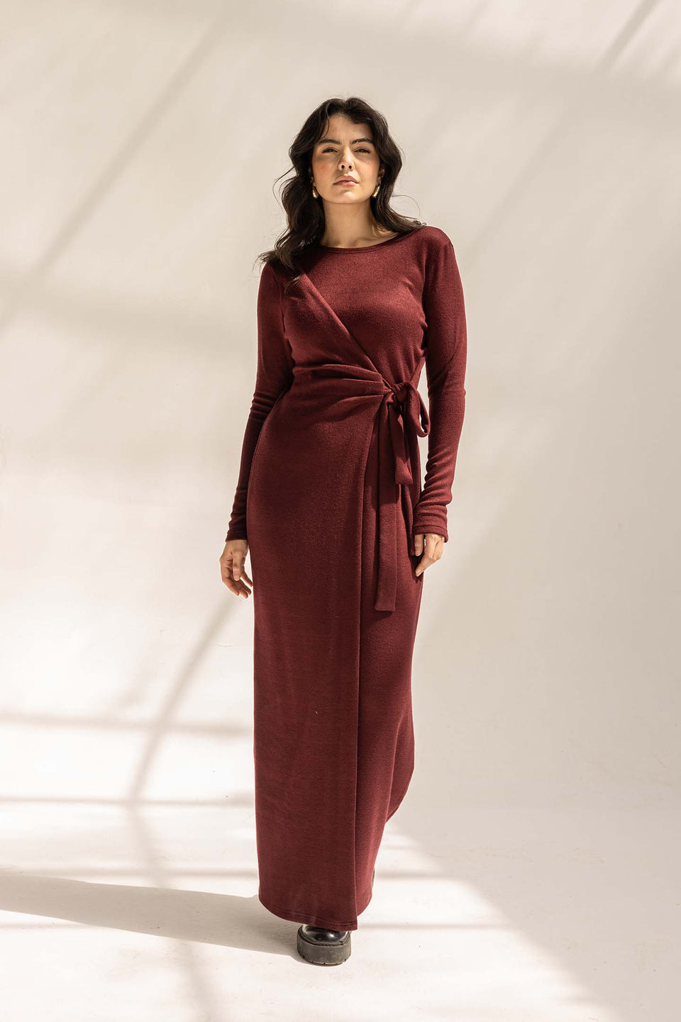 Burgundy Elegant Wool Wrap Dress