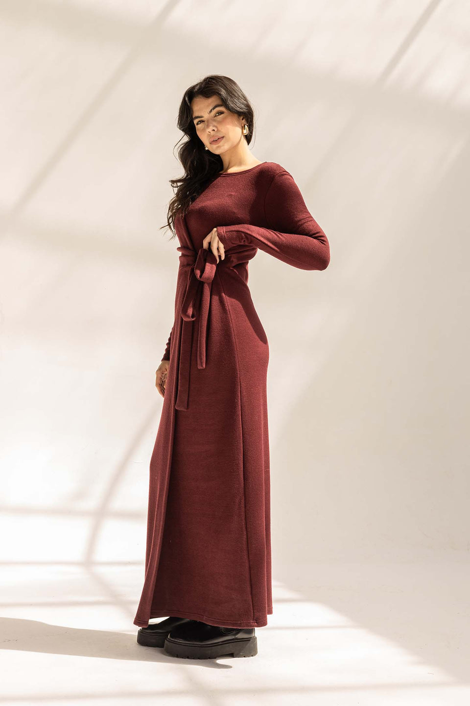 Burgundy Elegant Wool Wrap Dress
