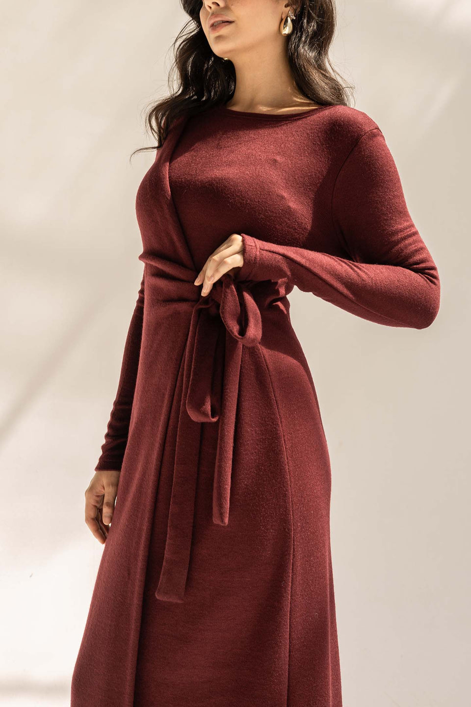 Burgundy Elegant Wool Wrap Dress