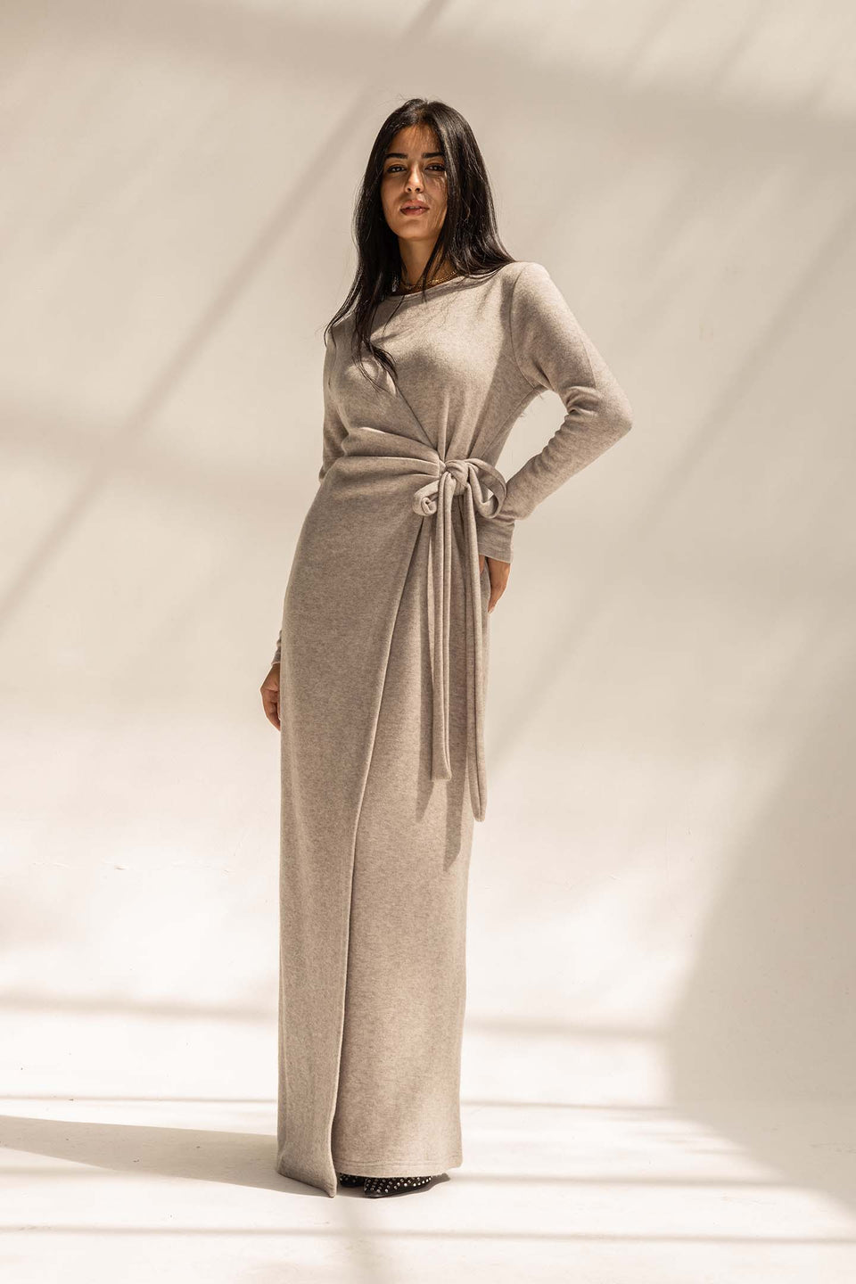 Grey Elegant Wool Wrap Dress
