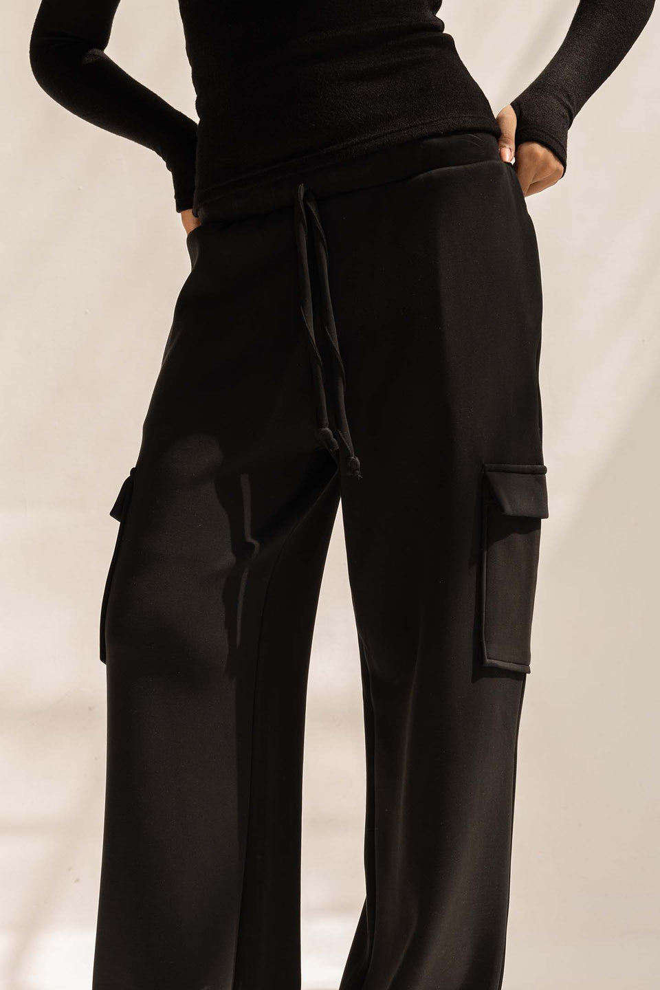 Black Soft Modal Wide Leg Cargo Pants