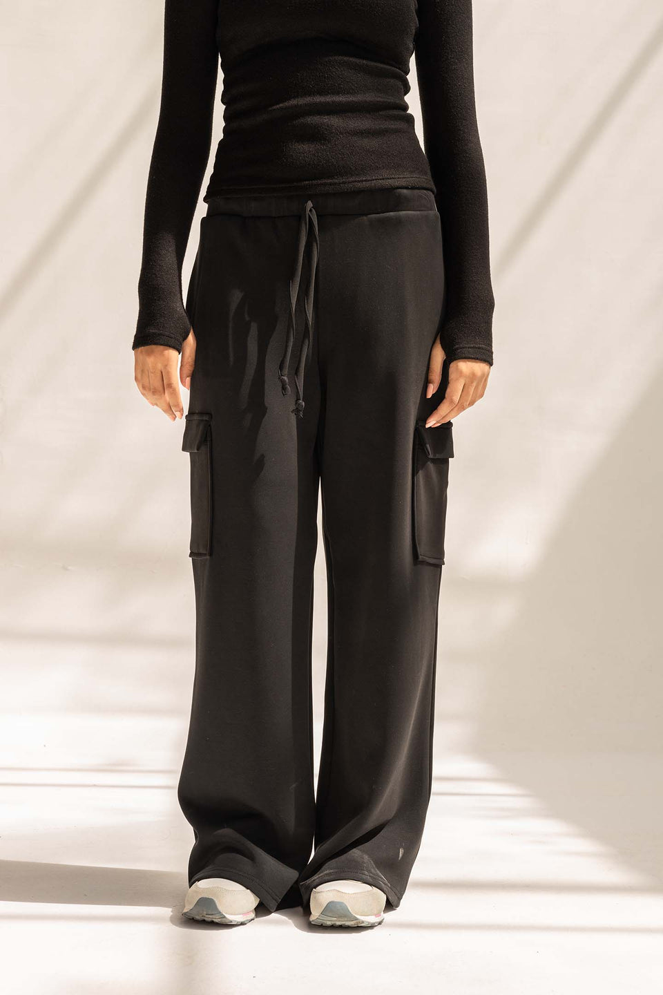 Black Soft Modal Wide Leg Cargo Pants