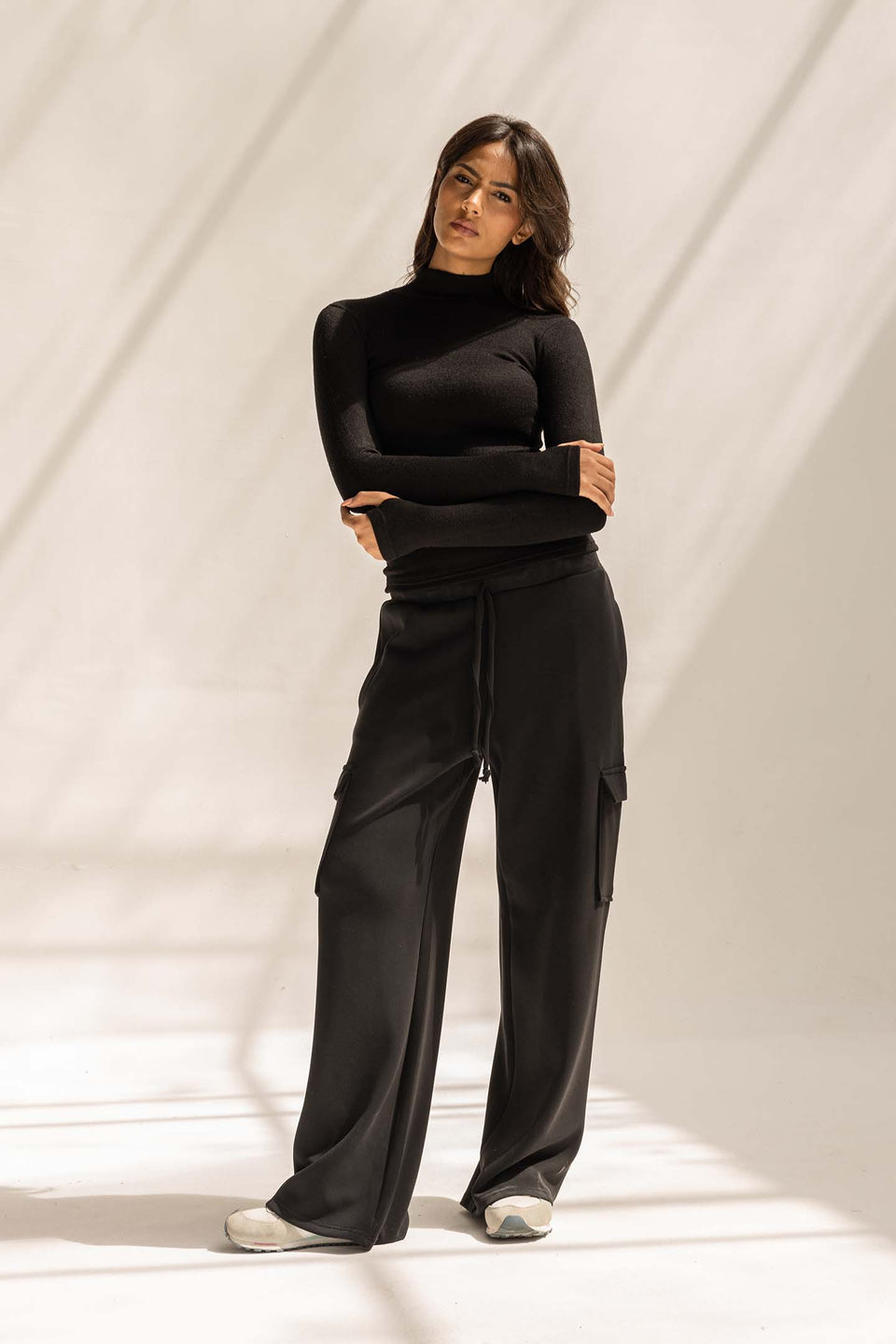 Black Soft Modal Wide Leg Cargo Pants