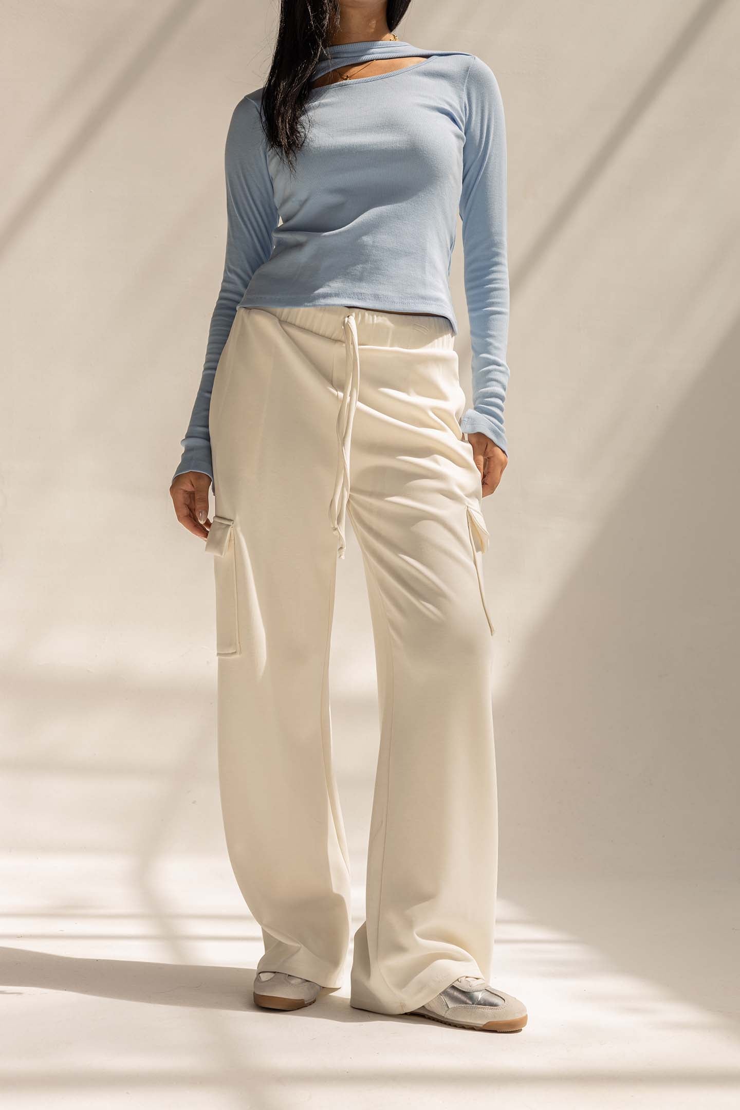 Off White Soft Modal Wide Leg Cargo Pants