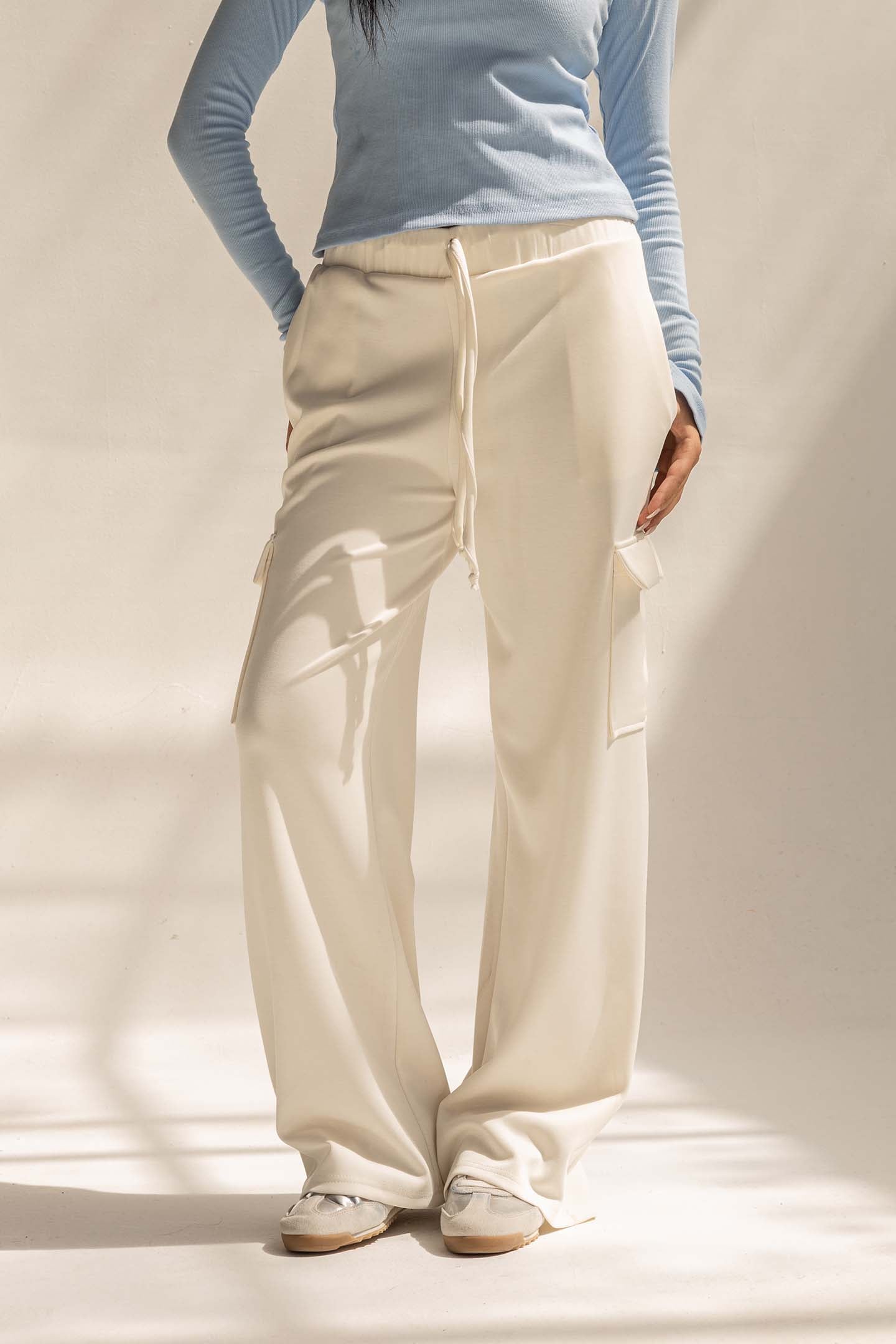 Off White Soft Modal Wide Leg Cargo Pants