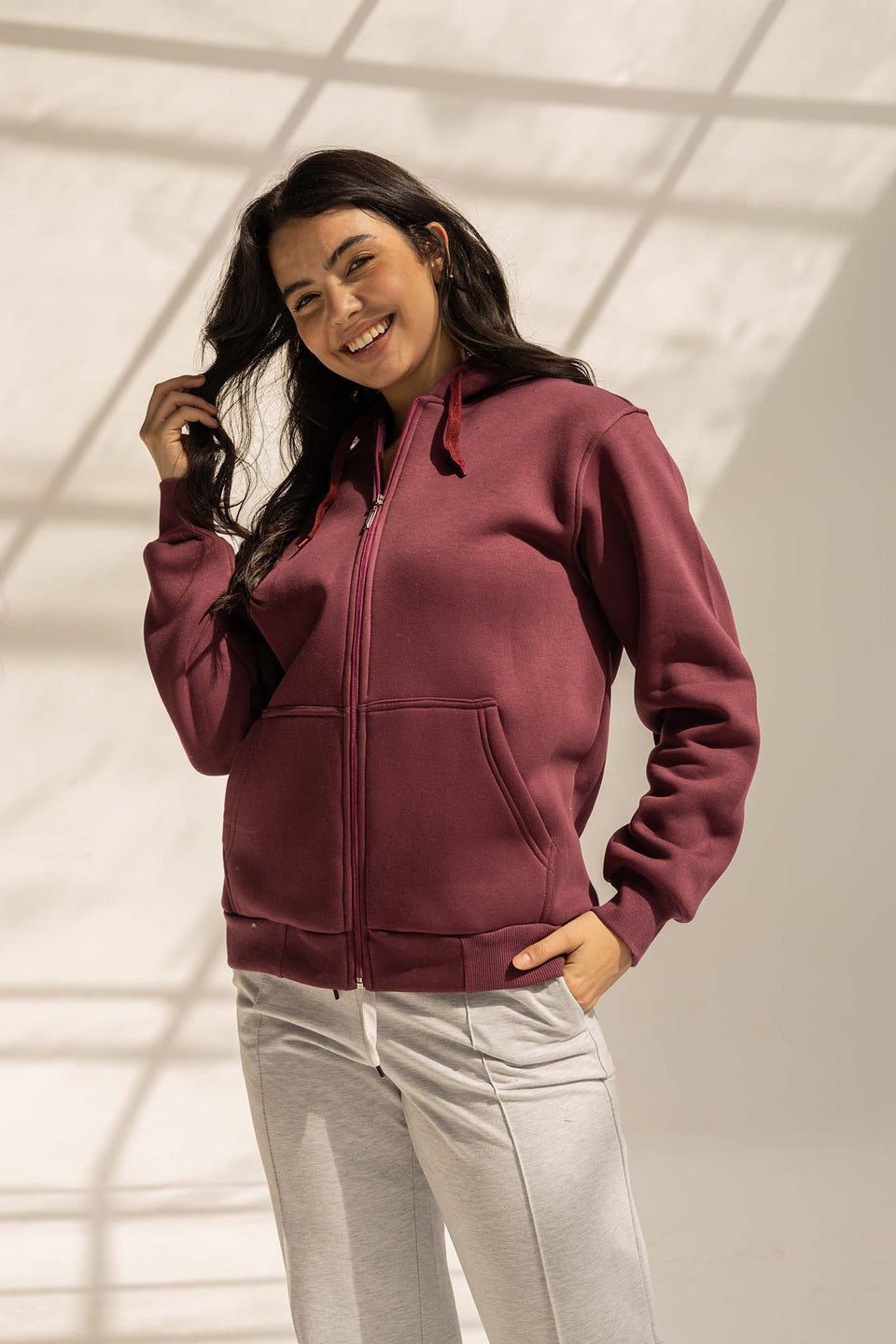 Burgundy Melton Zipped Hoodie