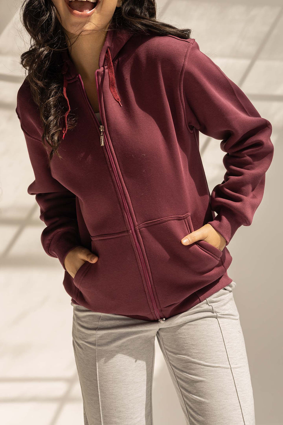 Burgundy Melton Zipped Hoodie