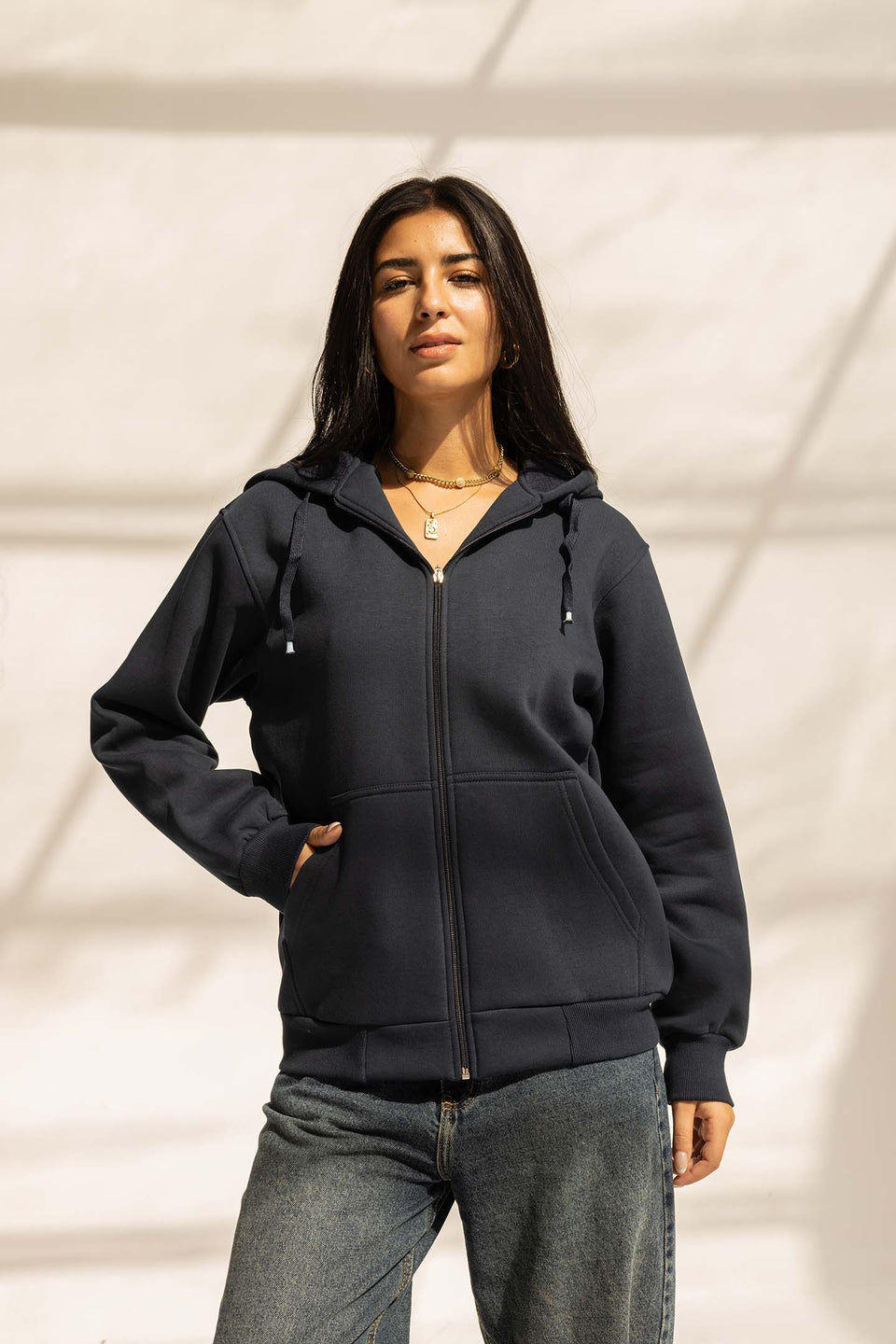 Navy Melton Zipped Hoodie