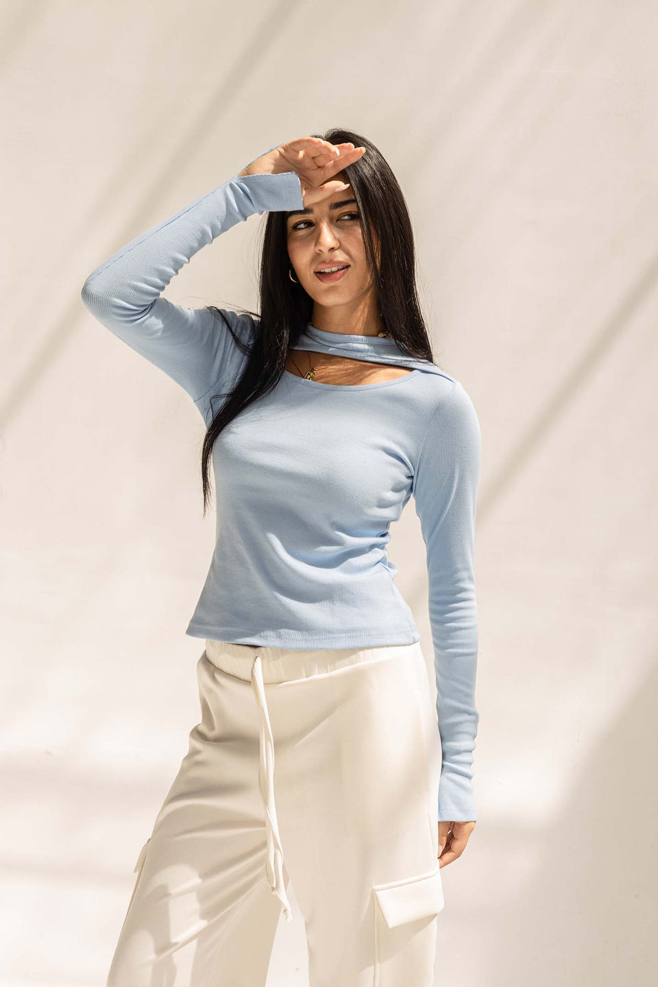 Blue Ribbed Cut-Out Neckline Cotton Top