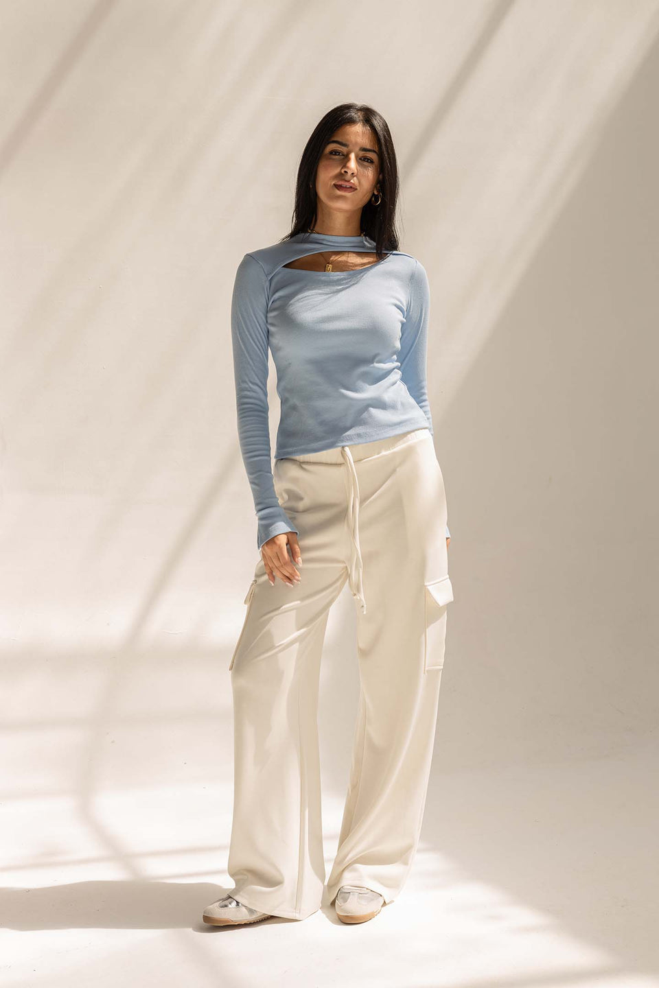 Blue Ribbed Cut-Out Neckline Cotton Top