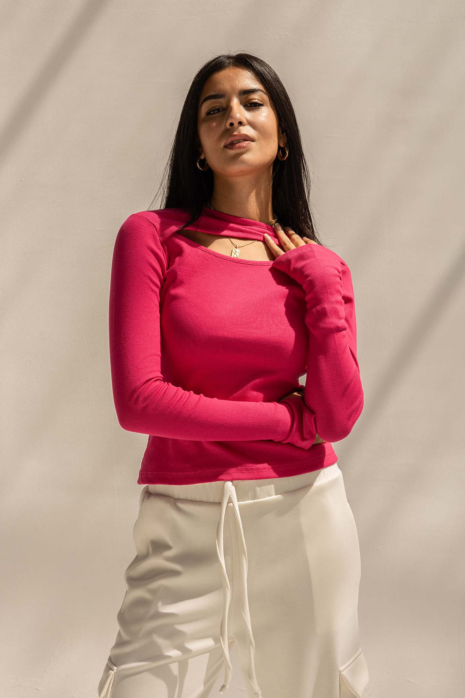 Hot Pink Ribbed Cut-Out Neckline Cotton Top