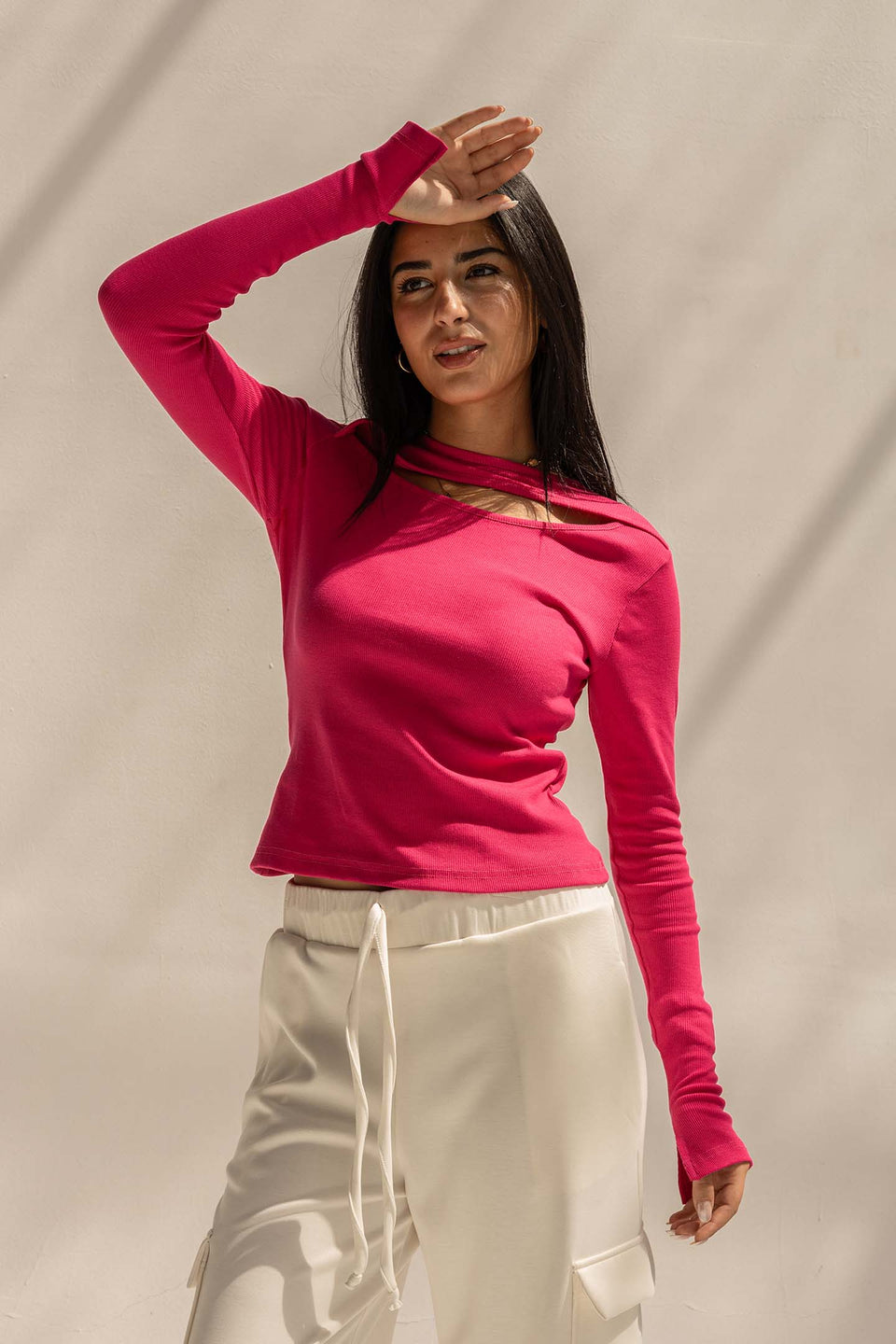 Hot Pink Ribbed Cut-Out Neckline Cotton Top