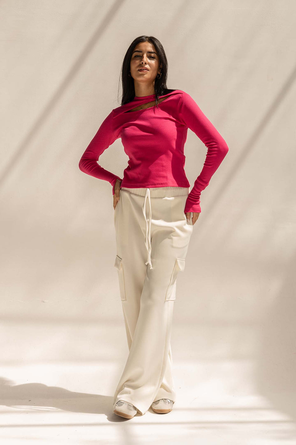 Hot Pink Ribbed Cut-Out Neckline Cotton Top