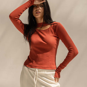 Orange Ribbed Cut-Out Neckline Cotton Top