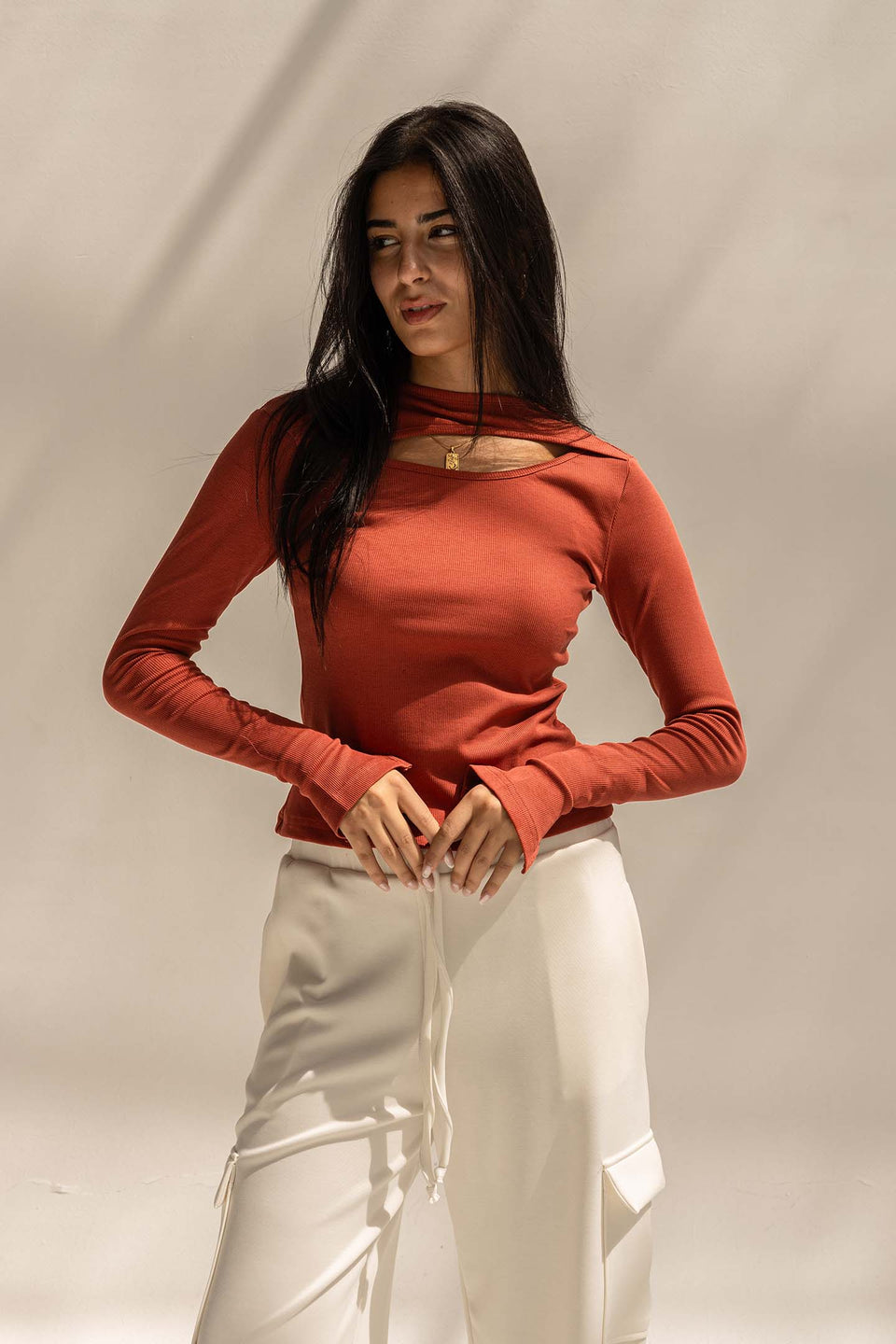 Orange Ribbed Cut-Out Neckline Cotton Top