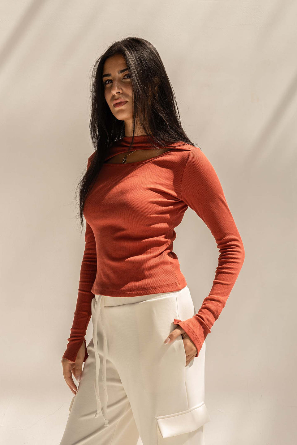 Orange Ribbed Cut-Out Neckline Cotton Top