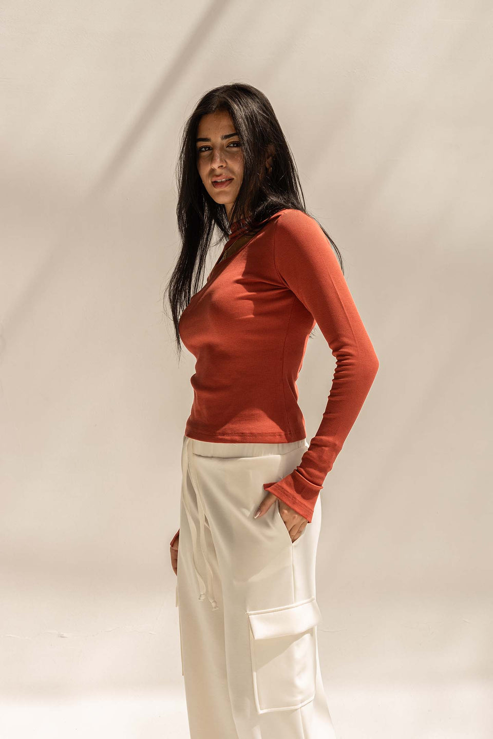 Orange Ribbed Cut-Out Neckline Cotton Top
