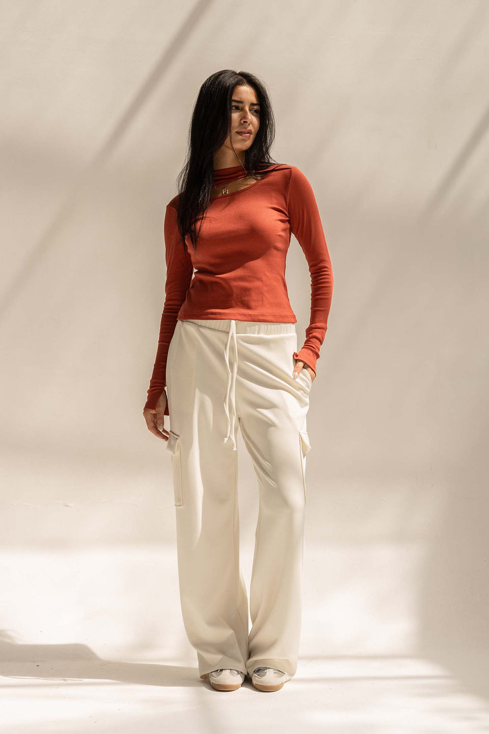Orange Ribbed Cut-Out Neckline Cotton Top