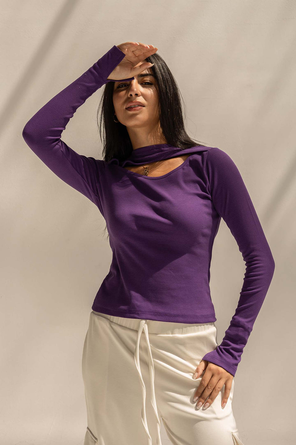 Purple Ribbed Cut-Out Neckline Cotton Top